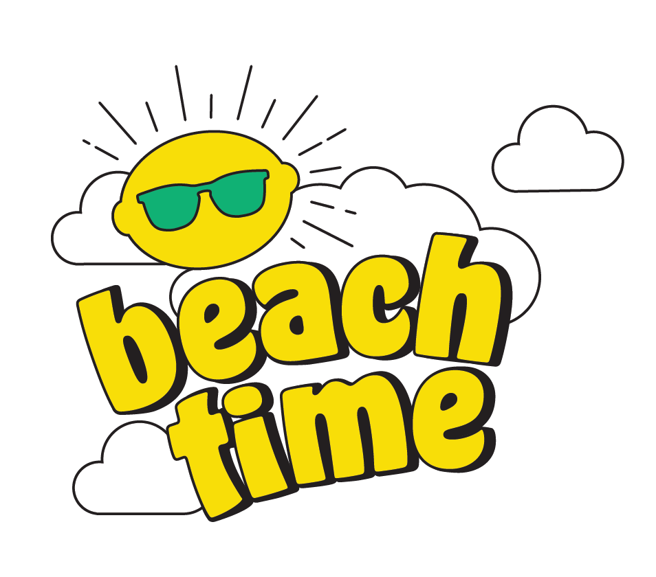 Beachtime Lemonade logo with lemon shaped sun wearing glasses